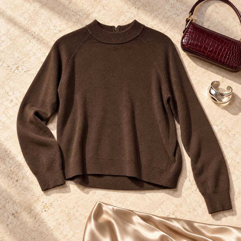 White Stag Dark Brown Mock Neck Sweater Back Zip Large 12/14
